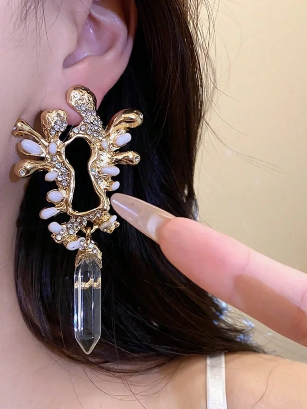 Gold Boho Women's Asymmetrical Key-Shaped Crystal Resin Long Stud Earrings